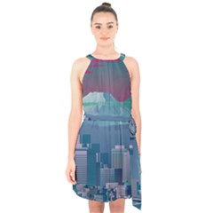 The Sun City Tokyo Japan Volcano Kyscrapers Building Halter Collar Waist Tie Chiffon Dress