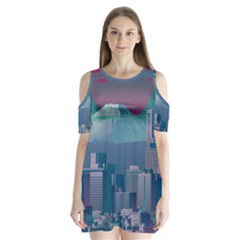 The Sun City Tokyo Japan Volcano Kyscrapers Building Shoulder Cutout Velvet One Piece by Grandong