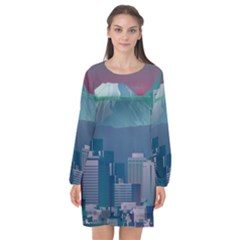 The Sun City Tokyo Japan Volcano Kyscrapers Building Long Sleeve Chiffon Shift Dress 