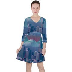 The Sun City Tokyo Japan Volcano Kyscrapers Building Quarter Sleeve Ruffle Waist Dress by Grandong