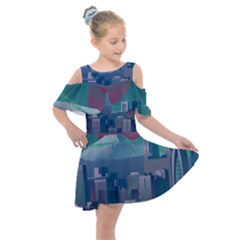 The Sun City Tokyo Japan Volcano Kyscrapers Building Kids  Shoulder Cutout Chiffon Dress by Grandong