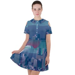 The Sun City Tokyo Japan Volcano Kyscrapers Building Short Sleeve Shoulder Cut Out Dress  by Grandong