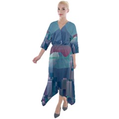 The Sun City Tokyo Japan Volcano Kyscrapers Building Quarter Sleeve Wrap Front Maxi Dress by Grandong