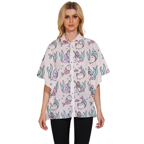 Cartoon Cat Cute Animal Design Drawing Illustration Kawaii Women s Batwing Button Up Shirt by Grandong