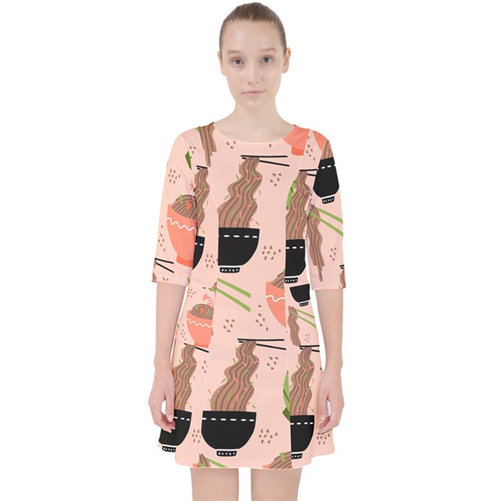 Doodle Yakisoba Seamless Pattern Background Cartoon Japanese Street Food Quarter Sleeve Pocket Dress