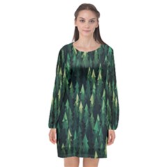 Forest Illustration Long Sleeve Chiffon Shift Dress 