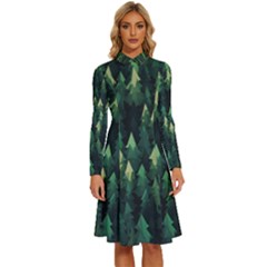 Forest Illustration Long Sleeve Shirt Collar A-line Dress by Grandong