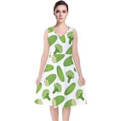 Vegetable Pattern With Composition Broccoli V-neck Midi Sleeveless Dress  by Grandong