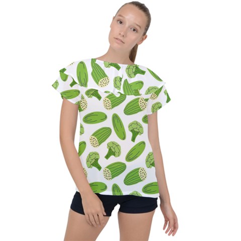 Vegetable Pattern With Composition Broccoli Ruffle Collar Chiffon Blouse by Grandong