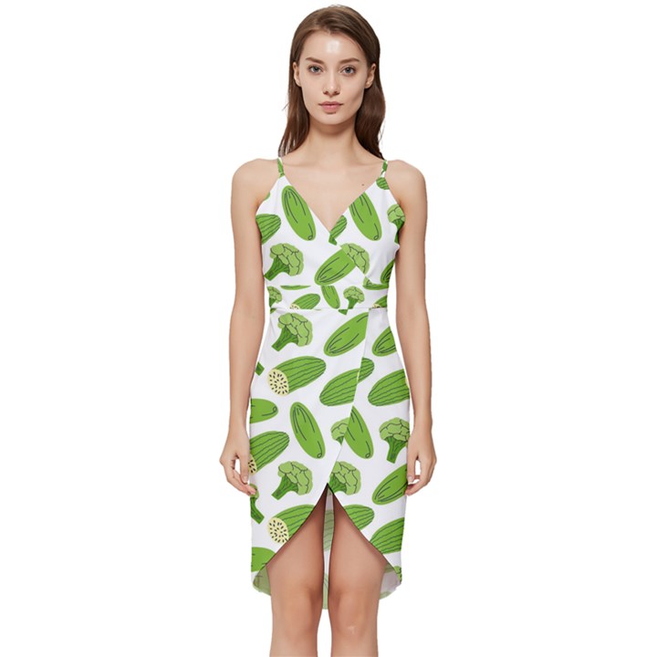 Vegetable Pattern With Composition Broccoli Wrap Frill Dress