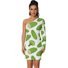 Vegetable Pattern With Composition Broccoli Long Sleeve One Shoulder Mini Dress by Grandong