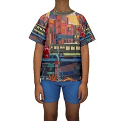 The City Style Bus Fantasy Architecture Art Kids  Short Sleeve Swimwear