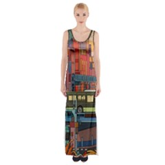 The City Style Bus Fantasy Architecture Art Thigh Split Maxi Dress by Grandong