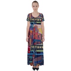 The City Style Bus Fantasy Architecture Art High Waist Short Sleeve Maxi Dress by Grandong