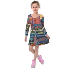 The City Style Bus Fantasy Architecture Art Kids  Long Sleeve Velvet Dress by Grandong