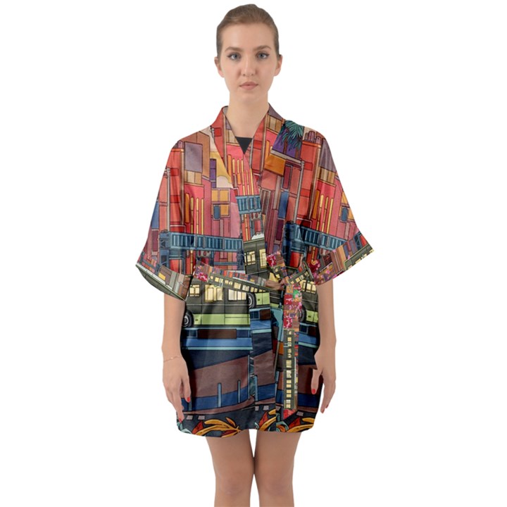 The City Style Bus Fantasy Architecture Art Half Sleeve Satin Kimono 