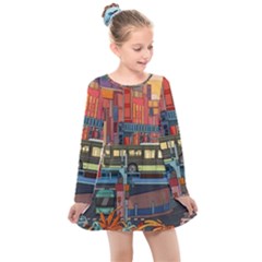 The City Style Bus Fantasy Architecture Art Kids  Long Sleeve Dress by Grandong