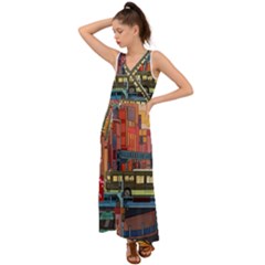 The City Style Bus Fantasy Architecture Art V-neck Chiffon Maxi Dress by Grandong