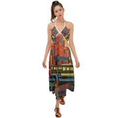 The City Style Bus Fantasy Architecture Art Halter Tie Back Dress  by Grandong