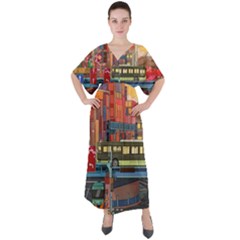 The City Style Bus Fantasy Architecture Art V-neck Boho Style Maxi Dress by Grandong