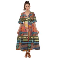 The City Style Bus Fantasy Architecture Art Kimono Sleeve Boho Dress by Grandong