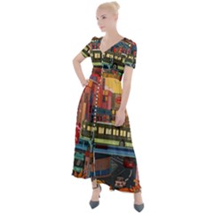 The City Style Bus Fantasy Architecture Art Button Up Short Sleeve Maxi Dress by Grandong