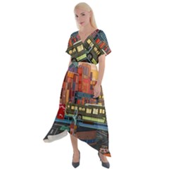 The City Style Bus Fantasy Architecture Art Cross Front Sharkbite Hem Maxi Dress by Grandong