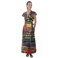 The City Style Bus Fantasy Architecture Art Flutter Sleeve Maxi Dress by Grandong