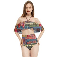 The City Style Bus Fantasy Architecture Art Halter Flowy Bikini Set  by Grandong