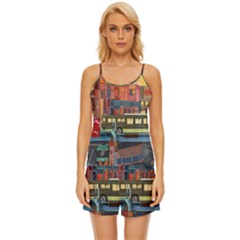 The City Style Bus Fantasy Architecture Art Satin Pajama Short Set by Grandong