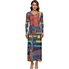 The City Style Bus Fantasy Architecture Art Long Sleeve Longline Maxi Dress by Grandong