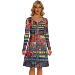 The City Style Bus Fantasy Architecture Art Long Sleeve Dress With Pocket by Grandong