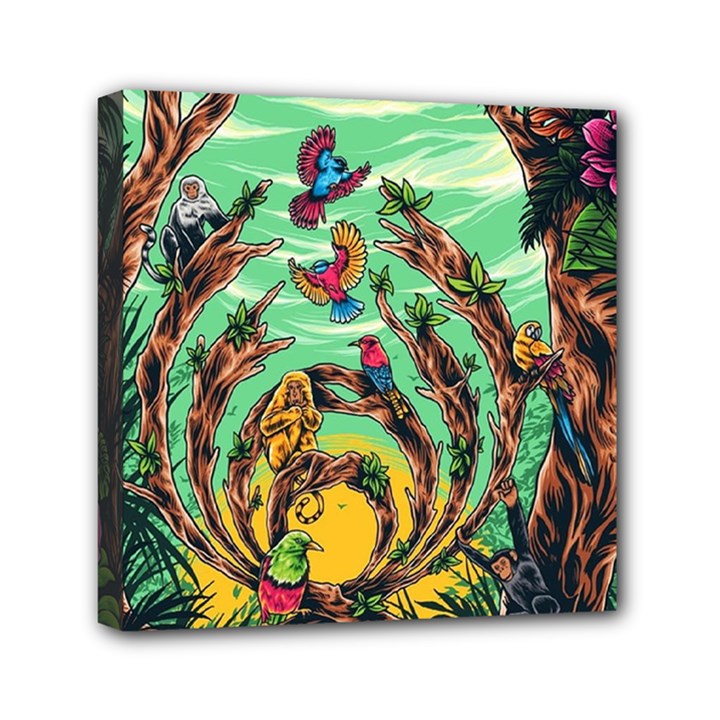 Monkey Tiger Bird Parrot Forest Jungle Style Mini Canvas 6  x 6  (Stretched)