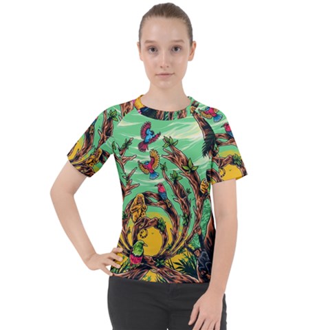 Monkey Tiger Bird Parrot Forest Jungle Style Women s Sport Raglan Tee by Grandong