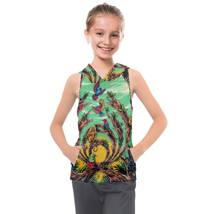 Monkey Tiger Bird Parrot Forest Jungle Style Kids  Sleeveless Hoodie