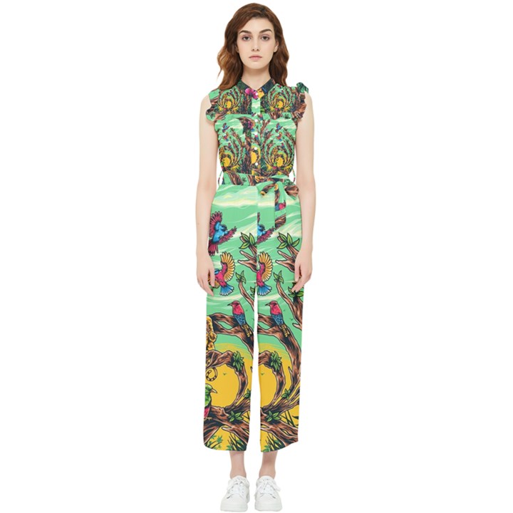 Monkey Tiger Bird Parrot Forest Jungle Style Women s Frill Top Chiffon Jumpsuit