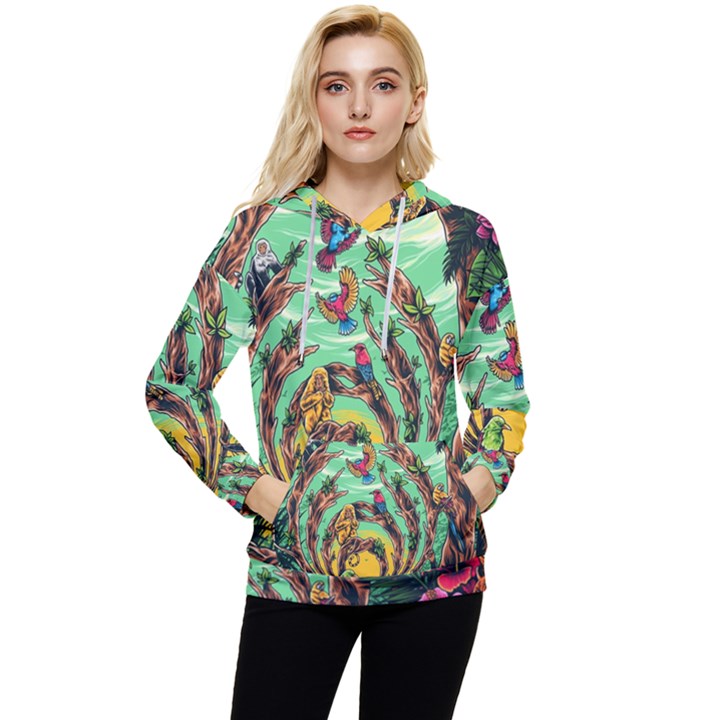 Monkey Tiger Bird Parrot Forest Jungle Style Women s Lightweight Drawstring Hoodie