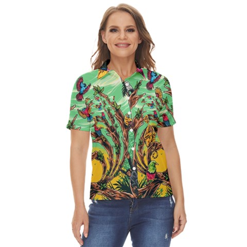 Monkey Tiger Bird Parrot Forest Jungle Style Women s Short Sleeve Double Pocket Shirt by Grandong