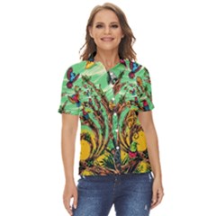 Monkey Tiger Bird Parrot Forest Jungle Style Women s Short Sleeve Double Pocket Shirt