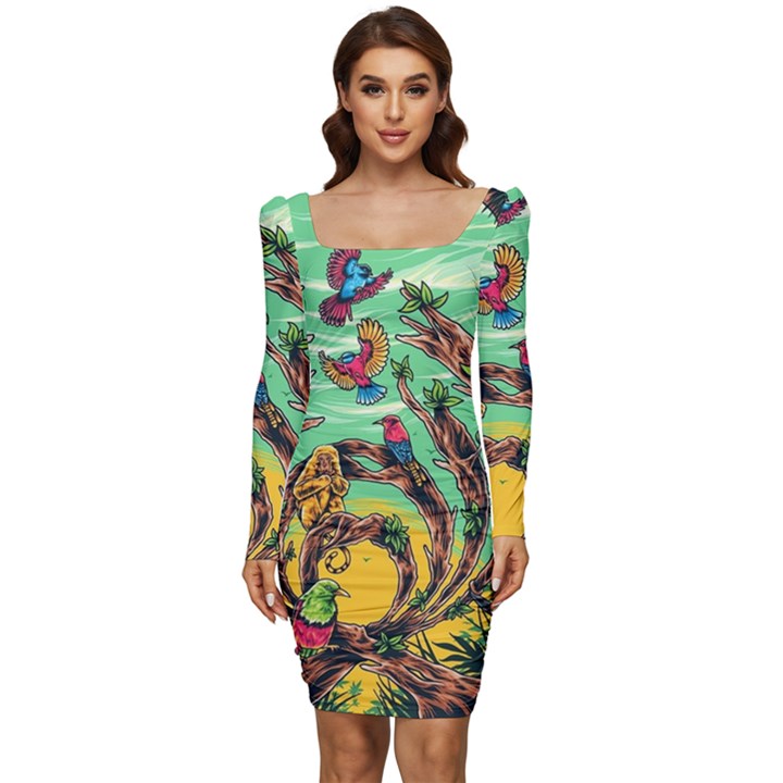 Monkey Tiger Bird Parrot Forest Jungle Style Women Long Sleeve Ruched Stretch Jersey Dress