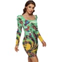 Monkey Tiger Bird Parrot Forest Jungle Style Women Long Sleeve Ruched Stretch Jersey Dress View2