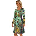 Monkey Tiger Bird Parrot Forest Jungle Style Long Sleeve Dress With Pocket View2