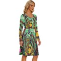 Monkey Tiger Bird Parrot Forest Jungle Style Long Sleeve Dress With Pocket View3