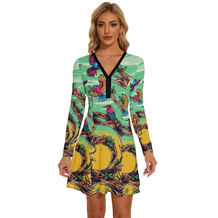 Monkey Tiger Bird Parrot Forest Jungle Style Long Sleeve Deep V Mini Dress 