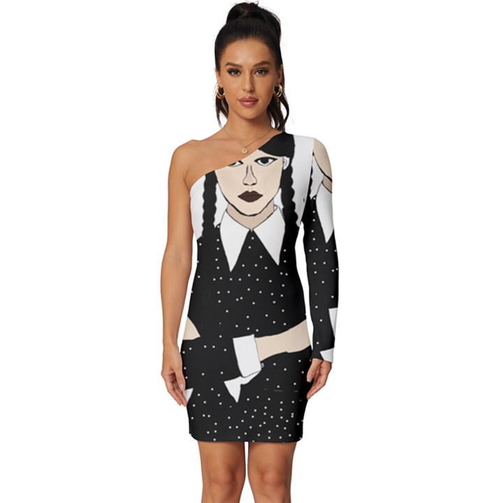 Wednesday addams Long Sleeve One Shoulder Mini Dress