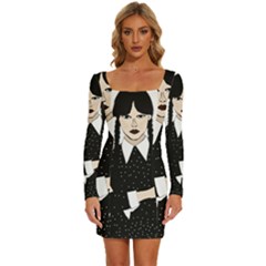 Wednesday Addams Long Sleeve Square Neck Bodycon Velvet Dress by Fundigitalart234