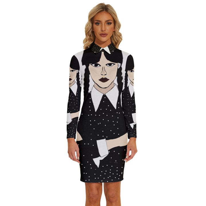 Wednesday addams Long Sleeve Shirt Collar Bodycon Dress