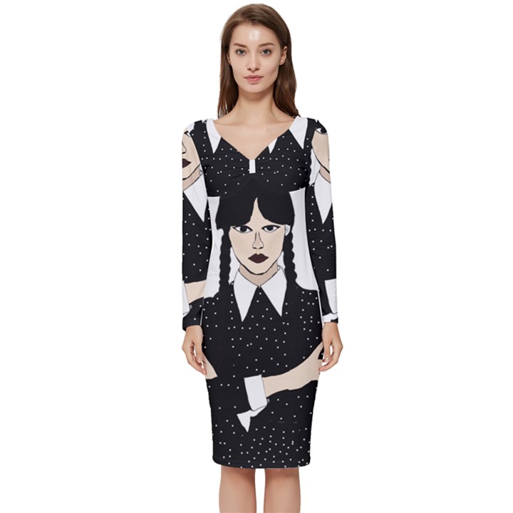 Wednesday addams Long Sleeve V-Neck Bodycon Dress 