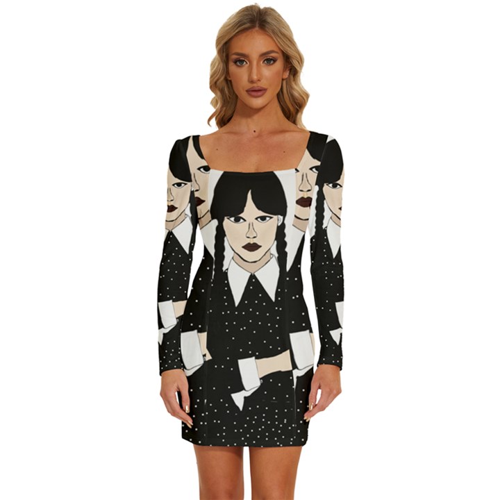 Wednesday addams Long Sleeve Square Neck Bodycon Velvet Dress