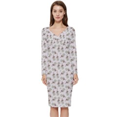 Warm Blossom Harmony Floral Pattern Long Sleeve V-neck Bodycon Dress  by dflcprintsclothing